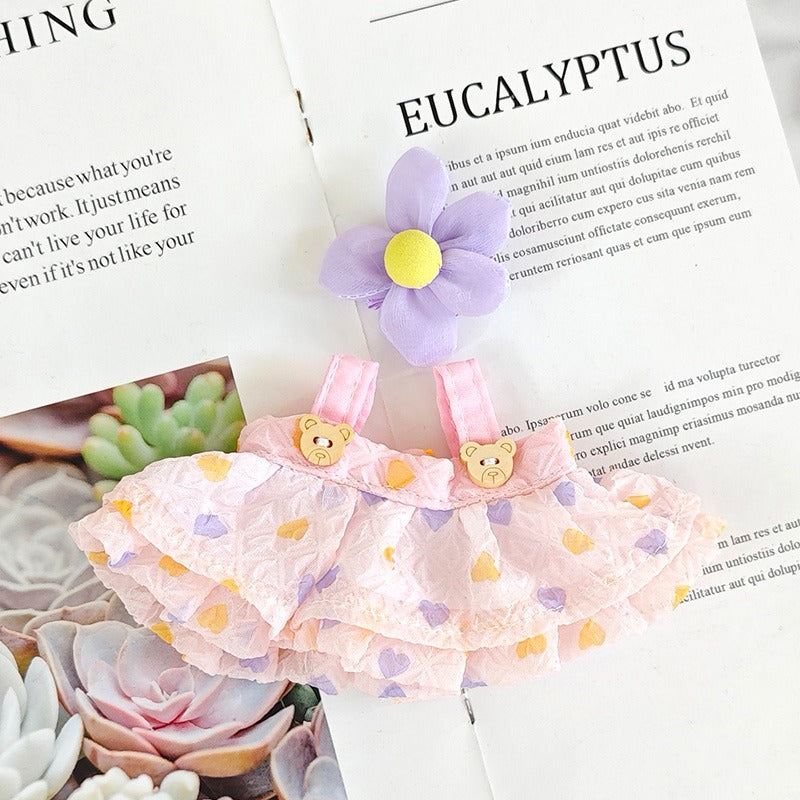 Handmade Heart-Tulle Doll Dress for Labubu – Soft Ruffle Outfit with Bear Buttons & Flower Clip – 3 Dreamy Color Options