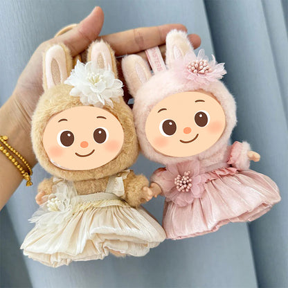 Handmade Elegant Dress Set for Labubu Dolls – 2-Piece Outfit with Pleated Skirt and Floral Headpiece