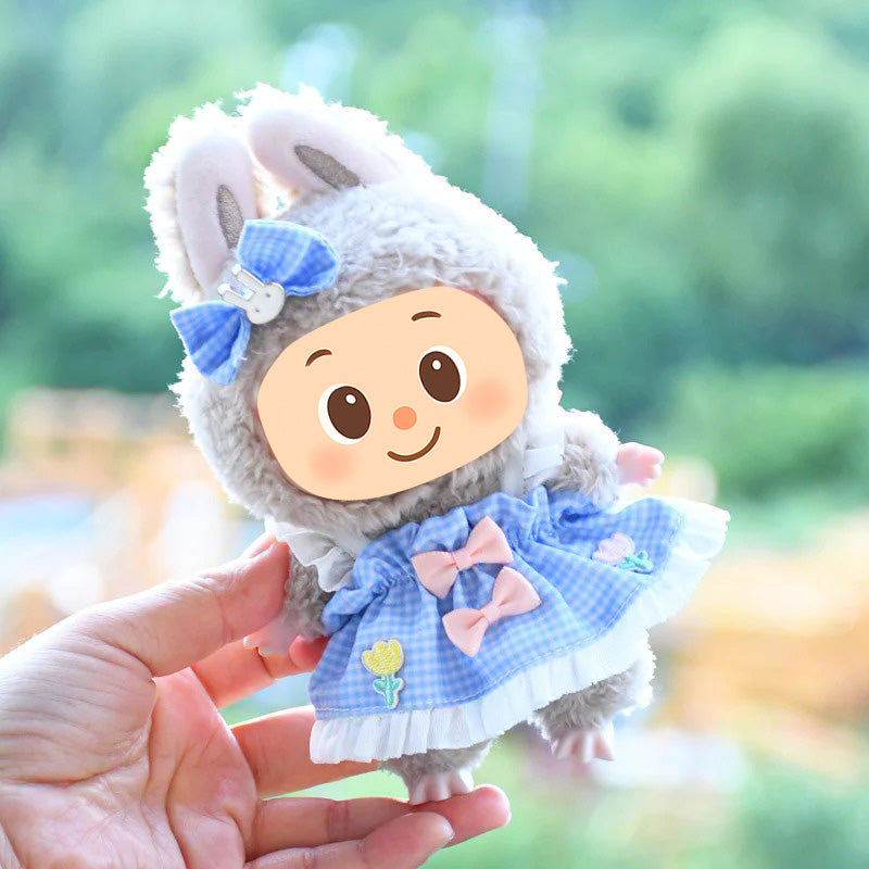Handmade Gingham Dress Set for Labubu-Compatible Dolls – 2-Piece Blue Outfit with Floral Embroidery and Bow Clip