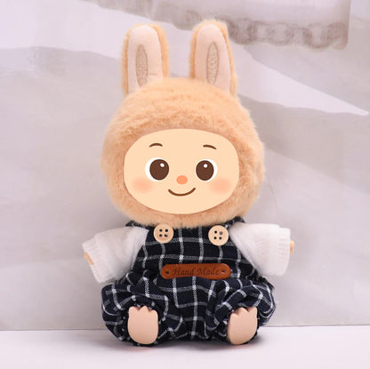 Woolen Overalls Outfit Set Fit for Labubu – 3-Piece Cozy Plaid Doll Clothes – Includes Denim Smile Hat, White Sweater Top, and Handmade Plaid Overalls