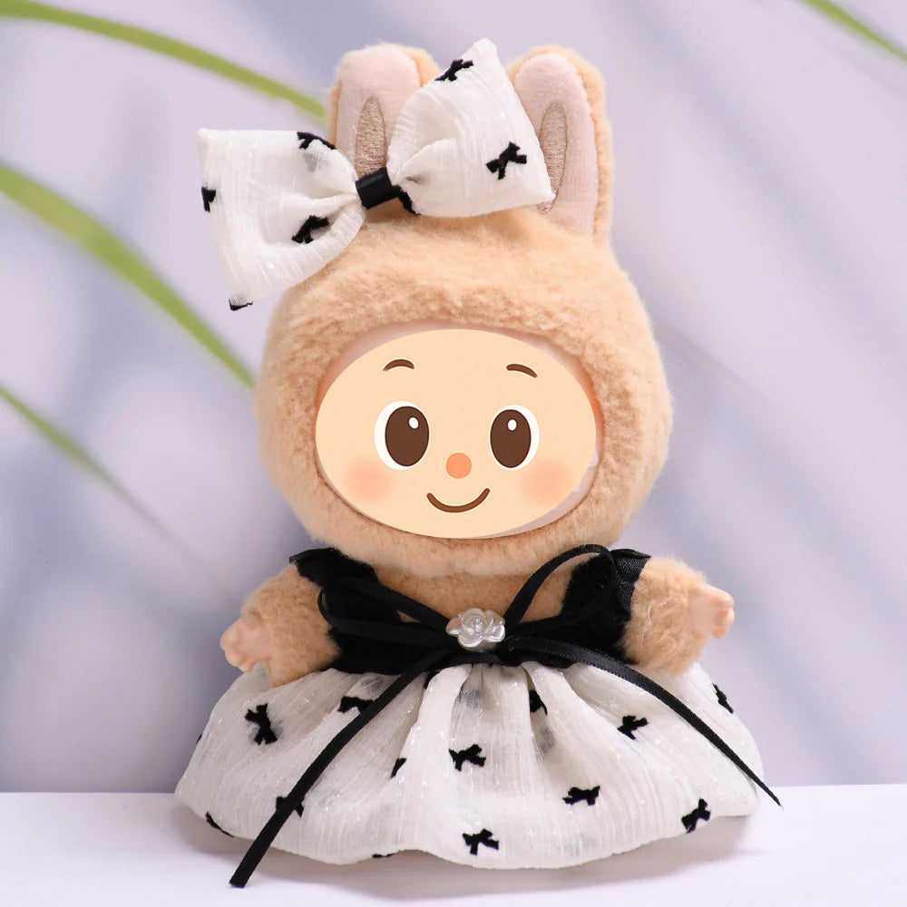 Chic Doll Dress Outfit for 15–17cm Figures – Fit Dolls Like Labubu – Bow & Heart Print