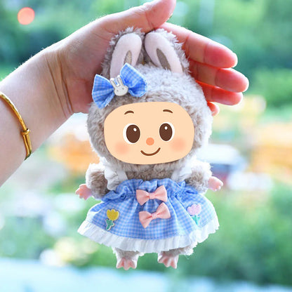 Handmade Gingham Dress Set for Labubu-Compatible Dolls – 2-Piece Blue Outfit with Floral Embroidery and Bow Clip