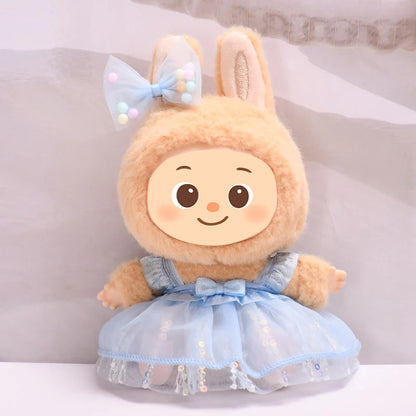 Sweet Tulle Dress Set fit Labubu Dolls – 2-Piece Princess Outfit with Bow Hair Clip for 15–17cm Dolls