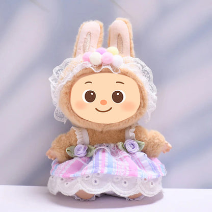 Handmade Pastel Dress Set for Labubu-Compatible Dolls – 3-Piece Sweet Floral Outfit with Headband, Skirt, and Bloomers