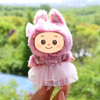 Sweet Tulle Dress Set fit Labubu Dolls – 2-Piece Princess Outfit with Bow Hair Clip for 15–17cm Dolls