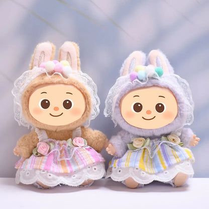 Handmade Pastel Dress Set for Labubu-Compatible Dolls – 3-Piece Sweet Floral Outfit with Headband, Skirt, and Bloomers
