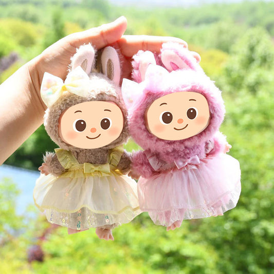Sweet Tulle Dress Set fit Labubu Dolls – 2-Piece Princess Outfit with Bow Hair Clip for 15–17cm Dolls