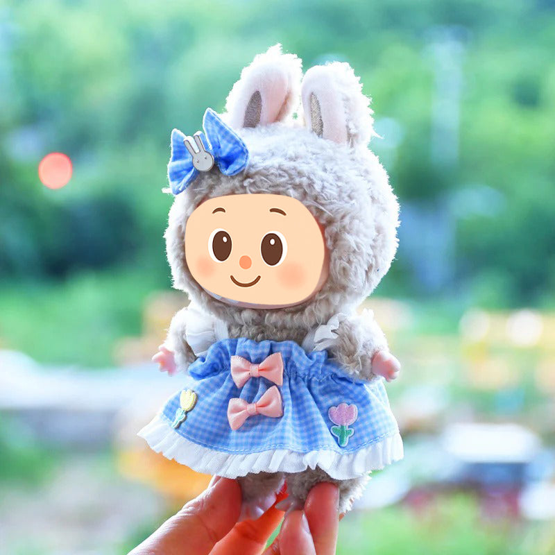 Handmade Gingham Dress Set for Labubu-Compatible Dolls – 2-Piece Blue Outfit with Floral Embroidery and Bow Clip