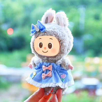 Handmade Gingham Dress Set for Labubu-Compatible Dolls – 2-Piece Blue Outfit with Floral Embroidery and Bow Clip