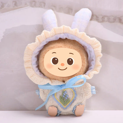 Handmade Knit Hoodie Outfit for 15–17cm Dolls – Fit for Labubu – Bunny Ears & Embroidered Heart