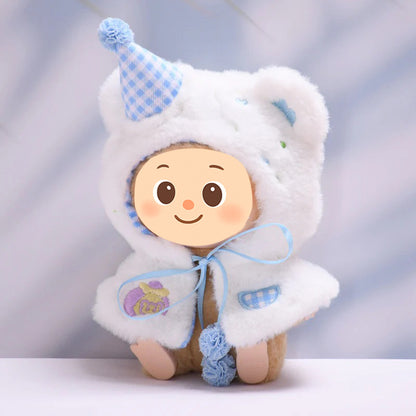 Bear Cloak Clothes for Labubu – 1-Piece Furry Cape Outfit Compatible with Labubu Dolls – Include Party Hat and Gingham Lining