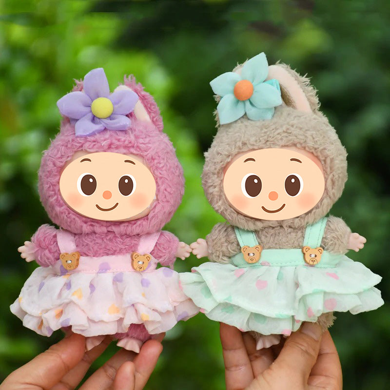 Handmade Heart-Tulle Doll Dress for Labubu – Soft Ruffle Outfit with Bear Buttons & Flower Clip – 3 Dreamy Color Options