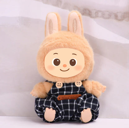 Woolen Overalls Outfit Set Fit for Labubu – 3-Piece Cozy Plaid Doll Clothes – Includes Denim Smile Hat, White Sweater Top, and Handmade Plaid Overalls