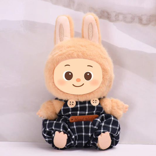 Woolen Overalls Outfit Set Fit for Labubu – 3-Piece Cozy Plaid Doll Clothes – Includes Denim Smile Hat, White Sweater Top, and Handmade Plaid Overalls
