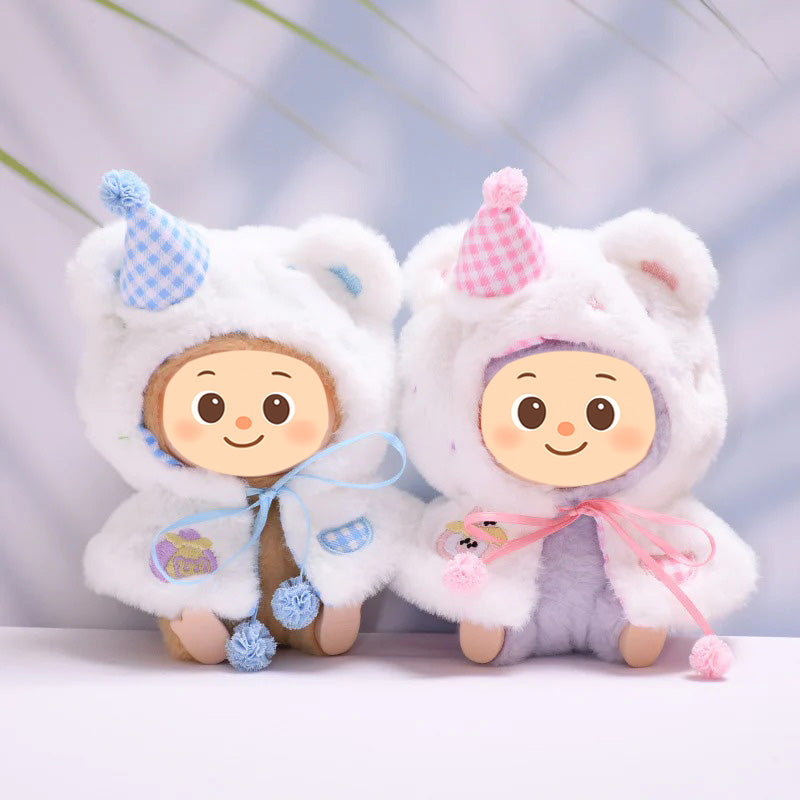 Bear Cloak Clothes for Labubu – 1-Piece Furry Cape Outfit Compatible with Labubu Dolls – Include Party Hat and Gingham Lining