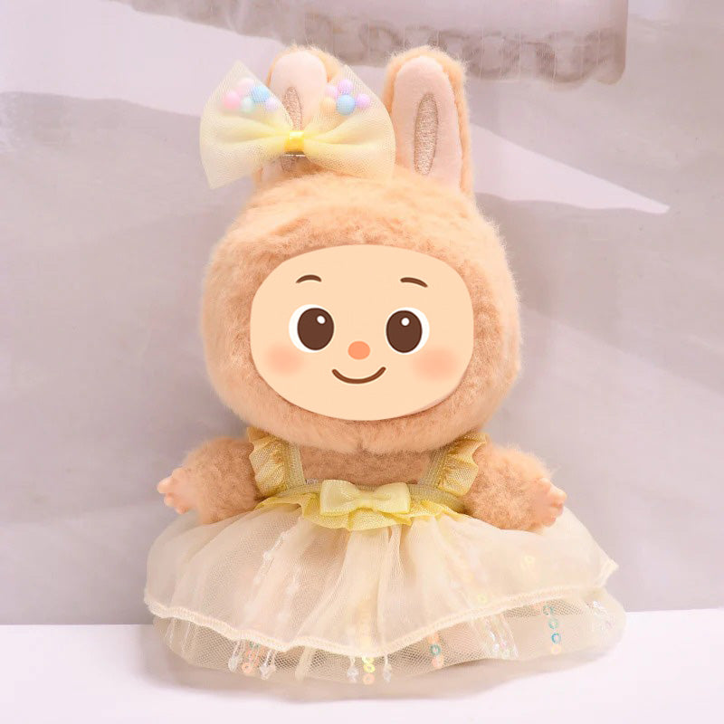 Sweet Tulle Dress Set fit Labubu Dolls – 2-Piece Princess Outfit with Bow Hair Clip for 15–17cm Dolls