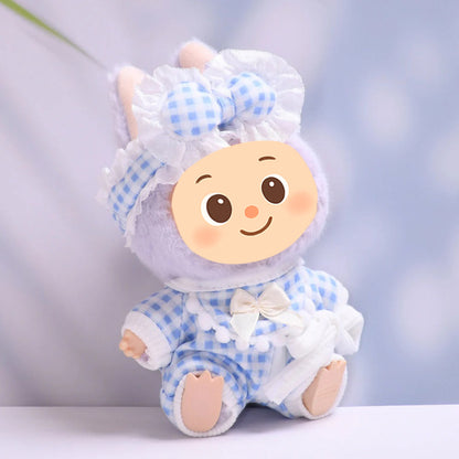 Gingham Pajama Set for Labubu – 3-Piece Sleepwear Outfit with Robe, Bib & Headband – Fit 15–17cm Dolls