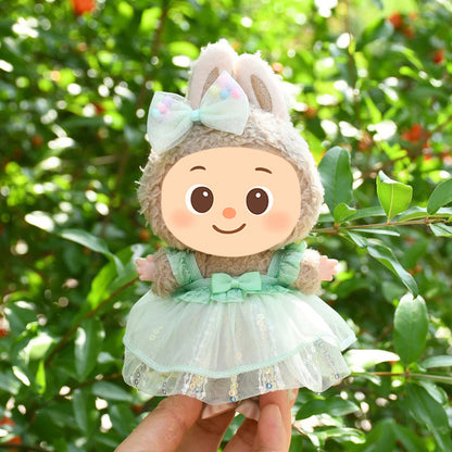 Sweet Tulle Dress Set fit Labubu Dolls – 2-Piece Princess Outfit with Bow Hair Clip for 15–17cm Dolls
