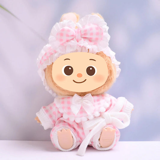 Gingham Pajama Set for Labubu – 3-Piece Sleepwear Outfit with Robe, Bib & Headband – Fit 15–17cm Dolls
