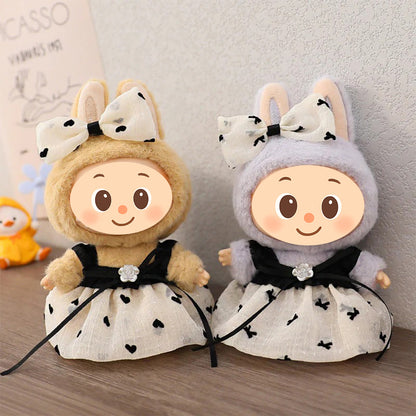 Chic Doll Dress Outfit for 15–17cm Figures – Fit Dolls Like Labubu – Bow & Heart Print
