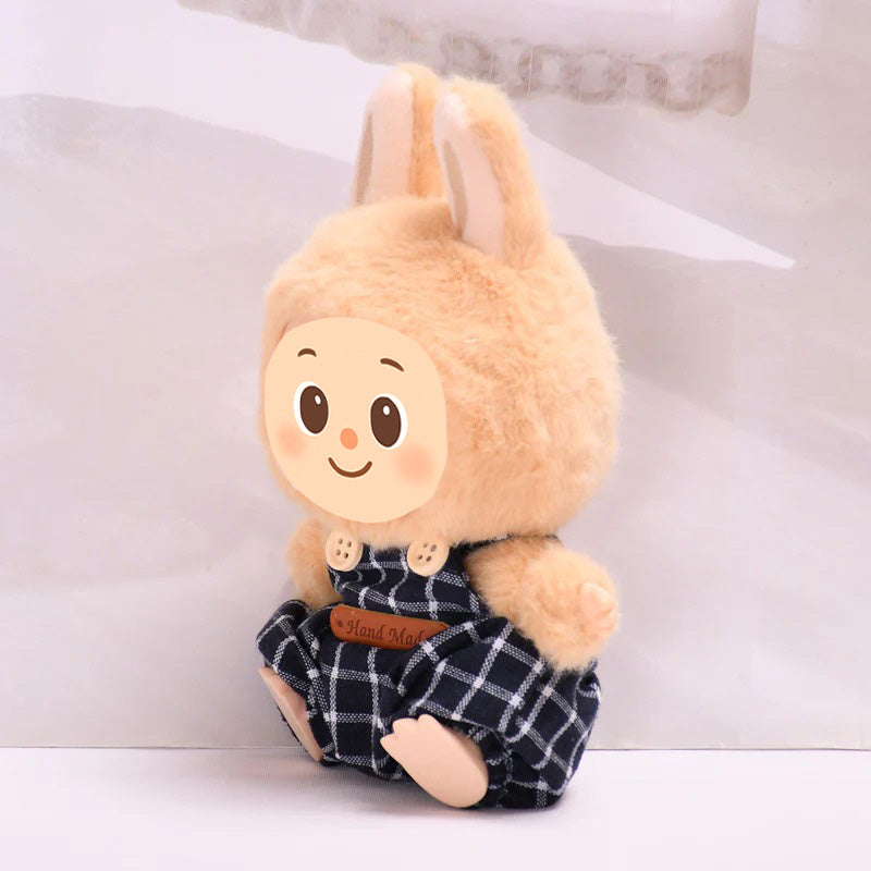 Woolen Overalls Outfit Set Fit for Labubu – 3-Piece Cozy Plaid Doll Clothes – Includes Denim Smile Hat, White Sweater Top, and Handmade Plaid Overalls