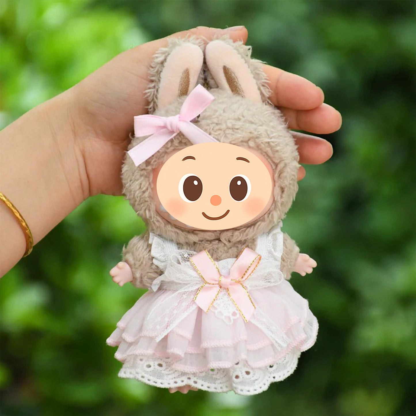 Handmade Pink Lace Doll Dress with Bow – Compatible with Labubu – Fits 15–20cm Dolls