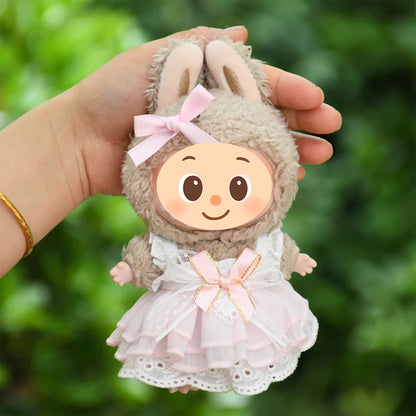 Handmade Pink Lace Doll Dress with Bow – Compatible with Labubu – Fits 15–20cm Dolls