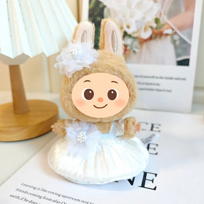 Handmade Elegant Dress Set for Labubu Dolls – 2-Piece Outfit with Pleated Skirt and Floral Headpiece