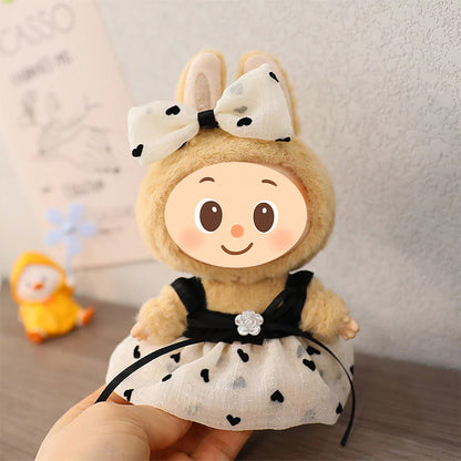 Chic Doll Dress Outfit for 15–17cm Figures – Fit Dolls Like Labubu – Bow & Heart Print