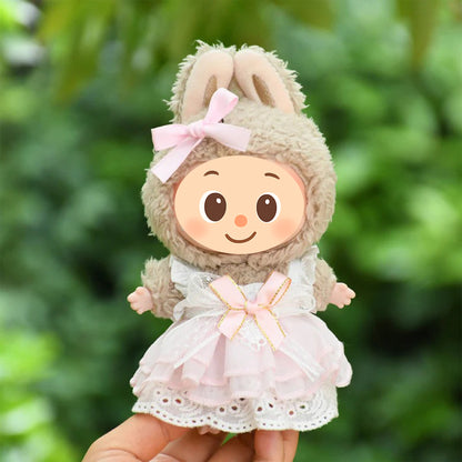 Handmade Pink Lace Doll Dress with Bow – Compatible with Labubu – Fits 15–20cm Dolls