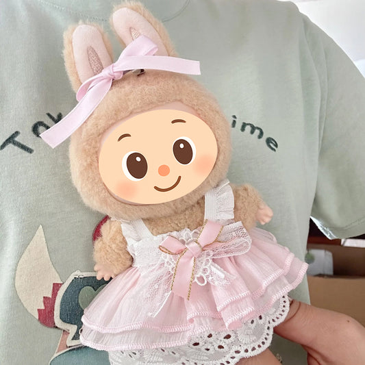 Handmade Pink Lace Doll Dress with Bow – Compatible with Labubu – Fits 15–20cm Dolls