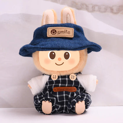 Woolen Overalls Outfit Set Fit for Labubu – 3-Piece Cozy Plaid Doll Clothes – Includes Denim Smile Hat, White Sweater Top, and Handmade Plaid Overalls