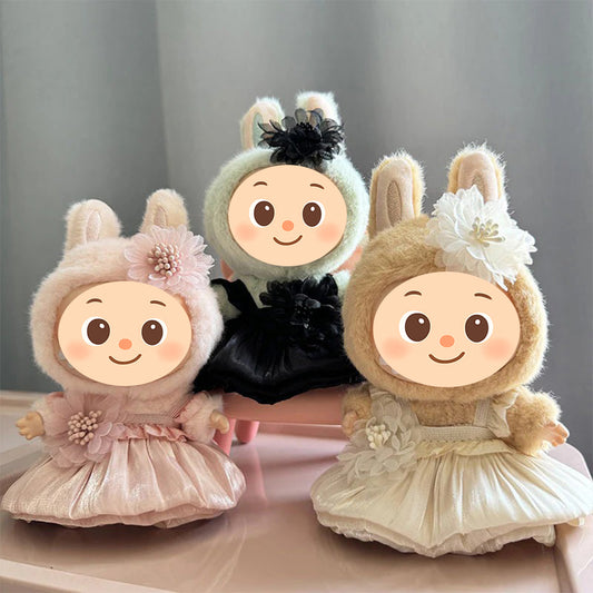 Handmade Elegant Dress Set for Labubu Dolls – 2-Piece Outfit with Pleated Skirt and Floral Headpiece