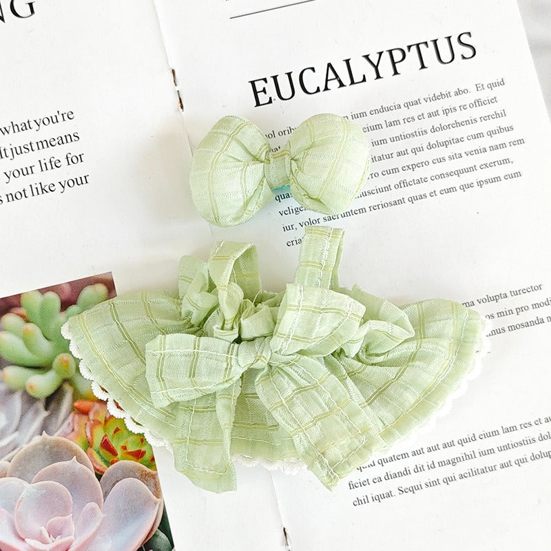 Doll Dress Set Compatible with Labubu – Handmade Bow Outfit with Headband in 4 Elegant Colors