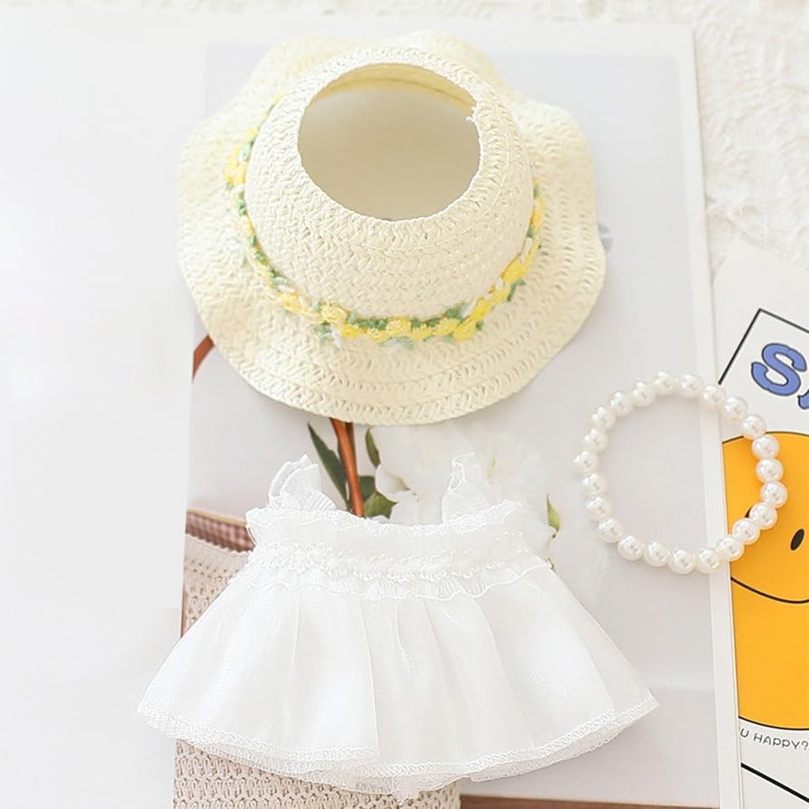 Handmade Elegant Summer Dress Set for Labubu-Style Dolls – 5-Piece Outfit with Hat, Shoes, and Accessories (15–17cm Compatible)