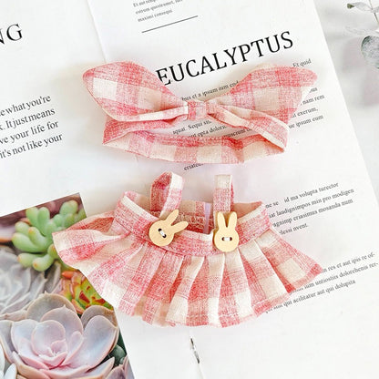 Plaid Doll Dress Set Compatible with Labubu – Handmade Bunny Strap Outfit with Matching Bow Headband – 2 Pastel Options