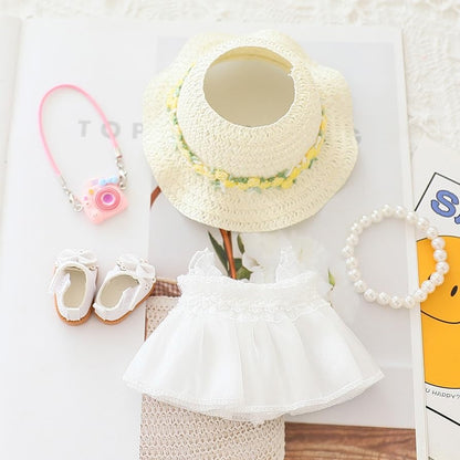 Handmade Elegant Summer Dress Set for Labubu-Style Dolls – 5-Piece Outfit with Hat, Shoes, and Accessories (15–17cm Compatible)