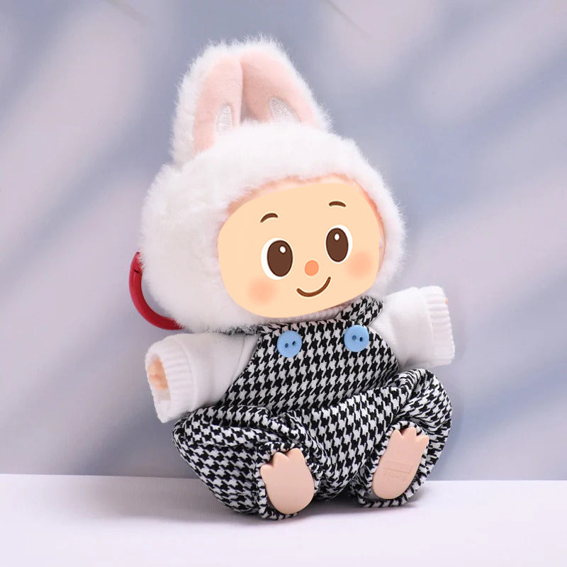 Handmade Houndstooth Overalls Outfit for Labubu-Compatible Dolls – 3-Piece Vintage Casual Set with Hat, Knit Top & Straps