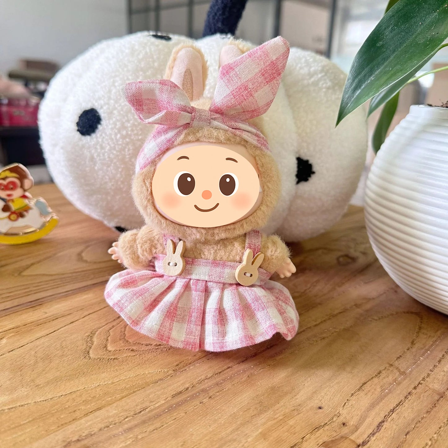 Plaid Doll Dress Set Compatible with Labubu – Handmade Bunny Strap Outfit with Matching Bow Headband – 2 Pastel Options