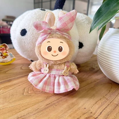 Plaid Doll Dress Set Compatible with Labubu – Handmade Bunny Strap Outfit with Matching Bow Headband – 2 Pastel Options