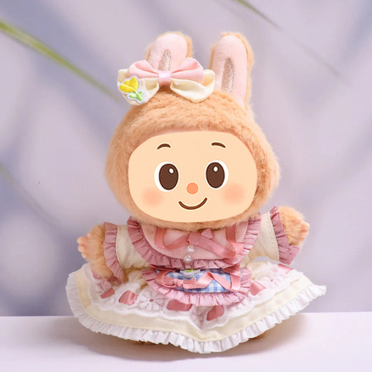 Vintage-Inspired Doll Dress Set – Fit for 15–17cm Labubu-Compatible Dolls – Lace Apron Style with Hair Bow