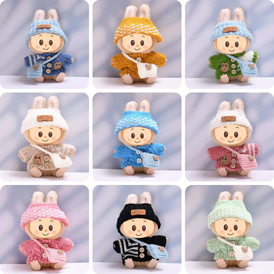 Knitted Outfit Set for Dolls Compatible with Labubu – Handmade Sweater, Hat & Bag
