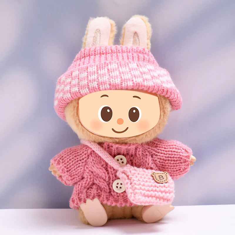 Knitted Outfit Set for Dolls Compatible with Labubu – Handmade Sweater, Hat & Bag