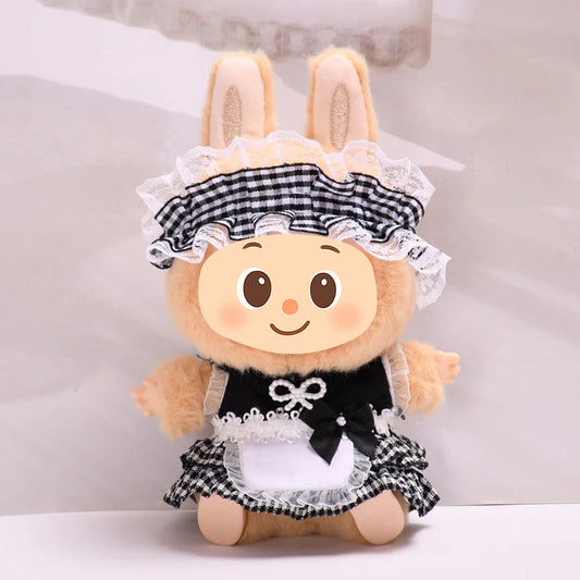Handmade Maid Outfit Set for Labubu Compatible Dolls – 4-Piece Checkered Costume with Apron and Headband