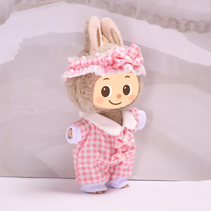 Sweet Plaid Doll Clothes Set – 2-Piece Outfit with Lace Headband and Bow Romper – Fit for 15–17cm Dolls Like Labubu