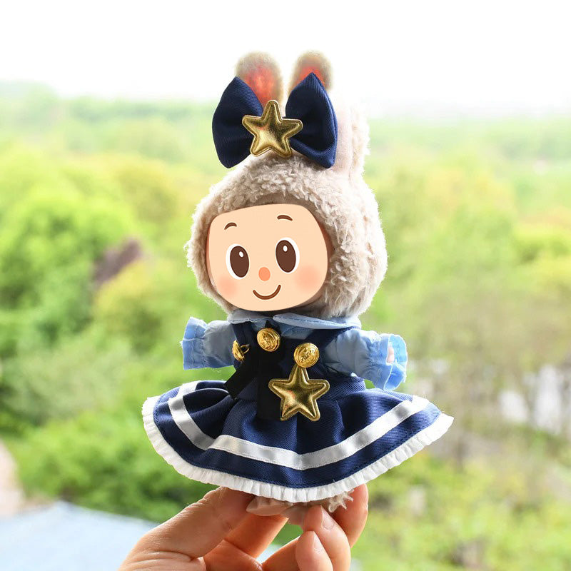 Elegant Navy Blue Dress Outfit Compatible with Labubu – 2-Piece Doll Clothes Set with Gold Star Bow and Shirt Skirt Design