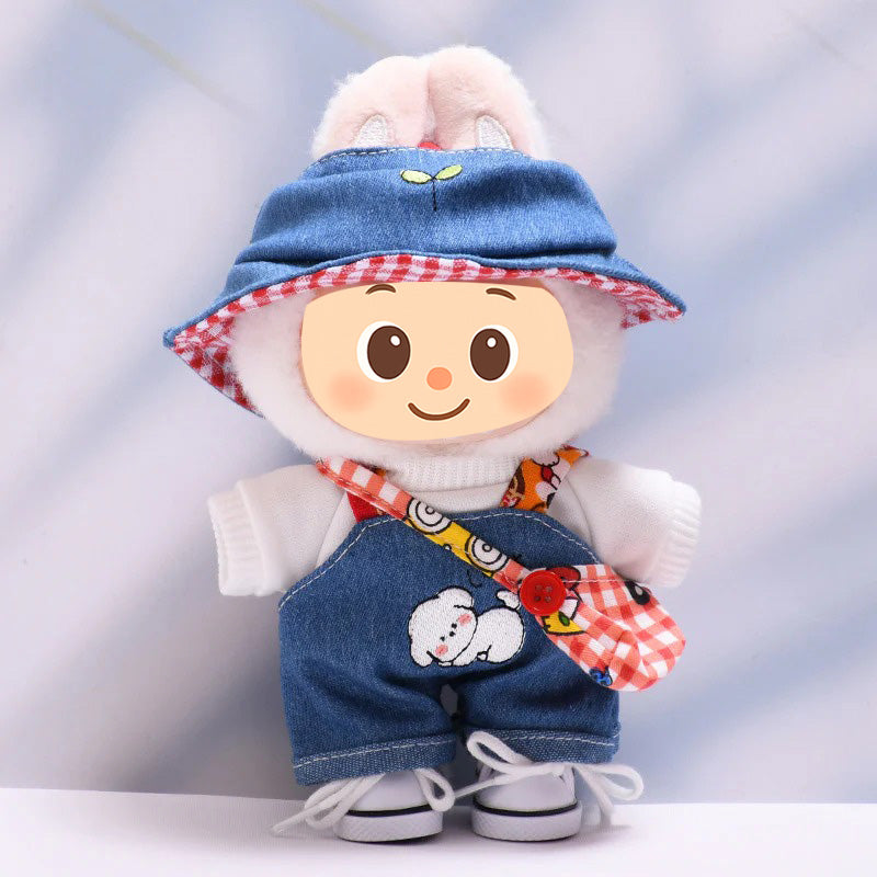 Denim Casual Outfit Set – Clothes for Labubu-Style Dolls with Hat & Bag for 15–17cm Dolls