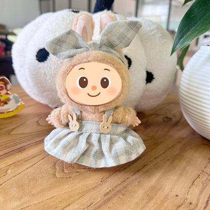 Plaid Doll Dress Set Compatible with Labubu – Handmade Bunny Strap Outfit with Matching Bow Headband – 2 Pastel Options