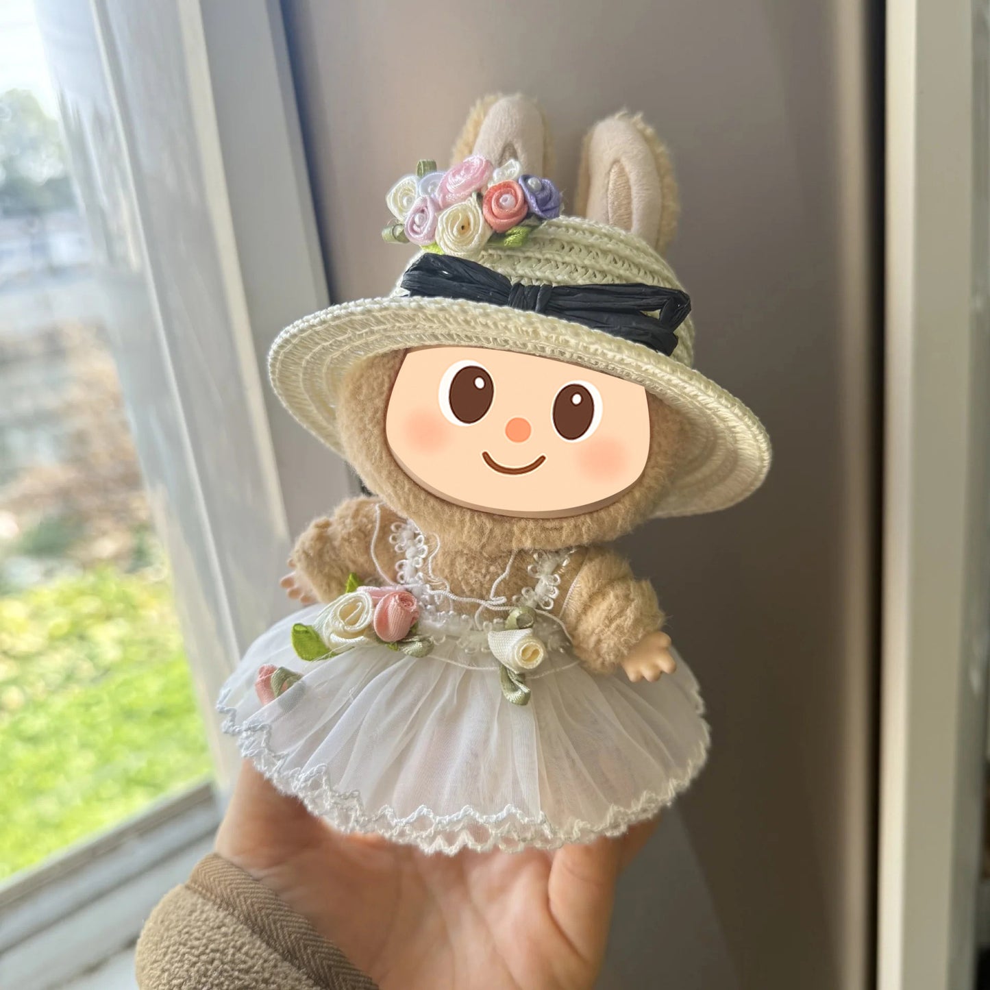 Handmade Floral Dress and Sunhat Set for Labubu – Summer Outfit for Dolls Compatible with Labubu – Includes Dress, Hat, and Flower Clip