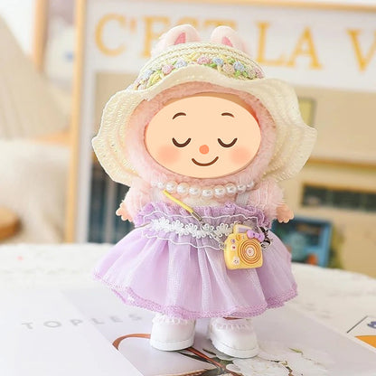 Handmade Elegant Summer Dress Set for Labubu-Style Dolls – 5-Piece Outfit with Hat, Shoes, and Accessories (15–17cm Compatible)